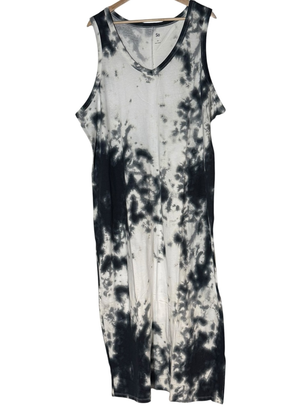 So NWT Tie Dye V-Neck Sleeveless Maxi Dress Size 2X Black White Side Slit Cotton